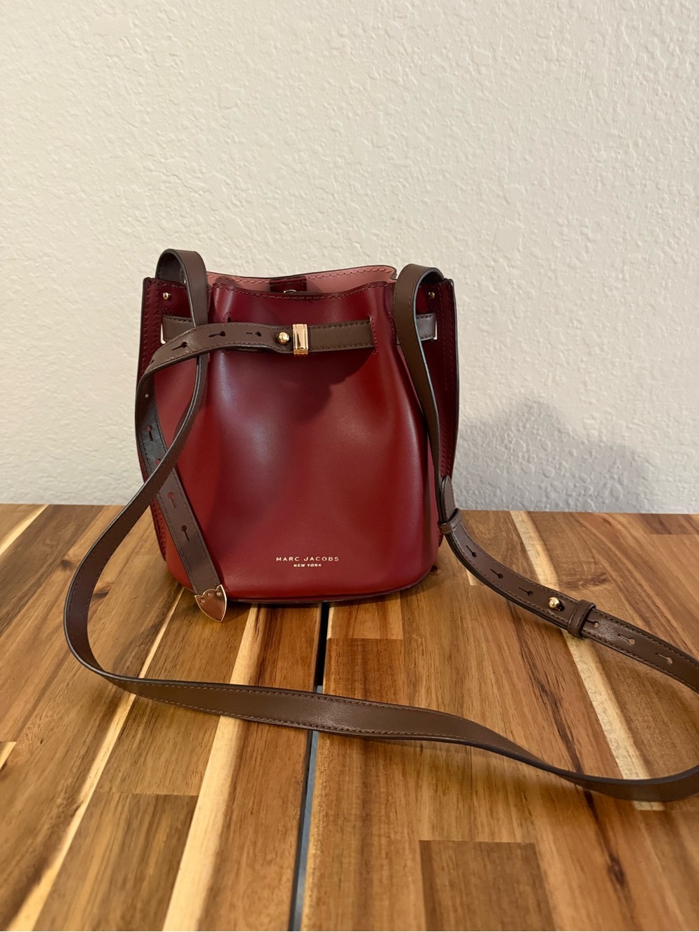 Marc Jacobs Burgundy Leather Renegade Bucket Crossbody with Brown Strap